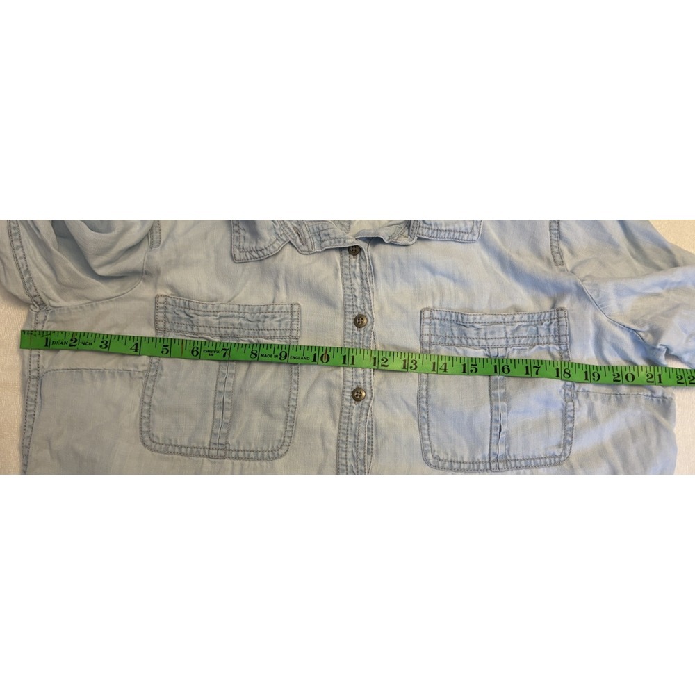 Talbots Blouse Womens Large Blue Distressed Lycell‎ Button Up Roll Tab Sleeve - Picture 4 of 9